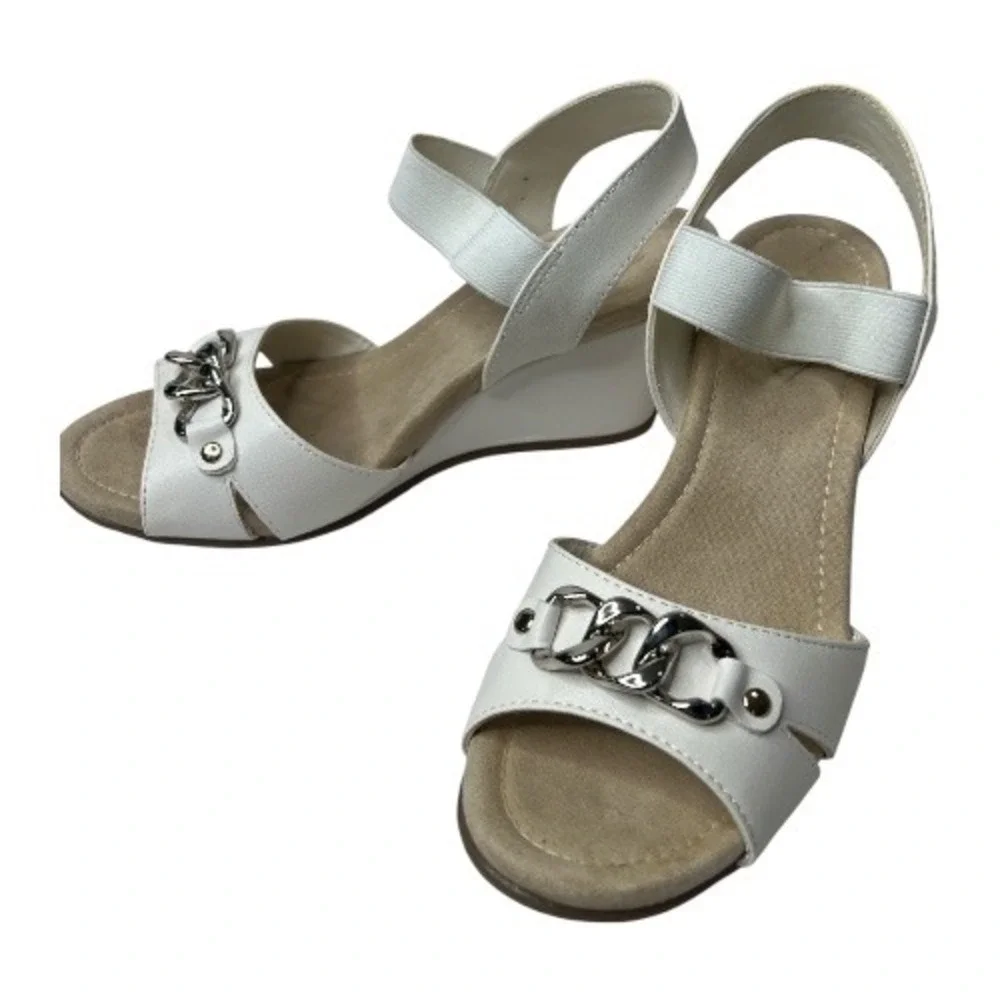St John Bay White Wedge Sandals Chain Detail Elastic Ankle‎ Strap Open Toe sz 8